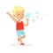 Cute little blonde boy blowing bubbles vector Illustration