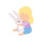 Cute Little Blonde Girl Playing Hugging Stuffed Toy Bunny Vector Illustration