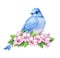 Cute little blue bird in bloom. Watercolor illustration. Cute animals and birds. Spring symbol. Happy Easter. Blue luck bird