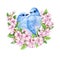 Cute little blue birds in bloom. Watercolor illustration. Cute animals and birds. Spring symbol. Happy Easter. Blue luck bird