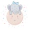 Cute little blue elephant with bow on his head sits on pink moon with hearts and stars