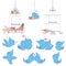 Cute Little Blue Parrots Love Birds Set with Vintage Cages and Flowers Valentines Day Wedding Design Elements Flat Color Vector