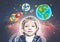 Cute little boy in astronaut suit in doodle space