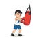 Cute little boy boxer wearing boxing gloves hitting the punching bag training and exercising in the gym