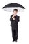 Cute little boy in business suit with umbrella isolated on white