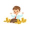 Cute little boy businessman sitting surrounded by stacks of gold coins, kids savings and finance, richness of childhood