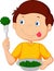 Cute little boy cartoon eats vegetable using fork