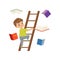 Cute little boy character climbing up wooden ladder, books falling next to him vector Illustration on a white background