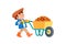 Cute little boy character pushes a wheelbarrow full of leaves and helps parents. Happy spring or autumn. Child in a hat