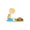 Cute little boy feeding turtle with leaf. Raster illustration in flat cartoon style