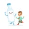 Cute little boy and funny milk bottle with smiling human face playing and having fun, healthy childrens food cartoon