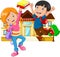 Cute little boy and girl with backpack and book on school building background