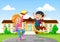 Cute little boy and girl with backpack and book on school building background