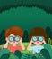 Cute little boy and girl watching something through binoculars in the forest. Children have summer outdoor adventure. kids summer