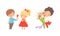 Cute Little Boy Giving Flowers to Girl Expressing Congratulations Vector Set