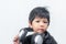 Cute Little Boy with Headphone on White Background.