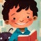 Cute little boy with his dog reading a book and smiling. Close-up children\\\'s book illustration. Generative AI