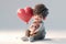 a cute little boy hugging a big red heart, ai generated