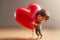 a cute little boy hugging a big red heart, ai generated