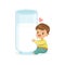 Cute little boy hugging giant milk glass, healthy childrens food cartoon character vector Illustration