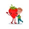 Cute little boy hugging giant strawberry character, best friends, healthy food for kids cartoon vector Illustration