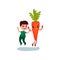 Cute little boy jumping with happy giant carrot vegetable character, best friends, healthy food for kids cartoon vector