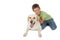 Cute little boy kneeling with his labrador smiling at camera