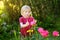 Cute little boy looking amazing purple and white peonies in sunny domestic garden.