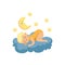 Cute little boy lying on cloud and sleeping under the Moon and stars, child resting at night, kids imagination and