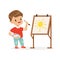 Cute little boy painting sun on an easel, kids creativity, education and child development, colorful character vector