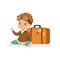 Cute little boy in pilot glasses sitting next to vintage suitcase, child dreaming of traveling vector Illustration