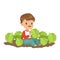 Cute little boy playing with cabbage in the garden, kids healthy food concept colorful vector Illustration