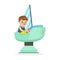 Cute little boy playing on a toy ship, kid have a fun in amusement park cartoon vector Illustration