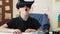 Cute little boy put on virtual reality headset and explores digital world