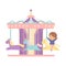 Cute Little Boy Riding at Carousel with Horses or Merry Go Round, Happy Kid Having Fun in Amusement Park Vector