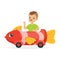 Cute little boy riding on toy fish car, kid have a fun in amusement park cartoon vector Illustration