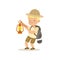 Cute little boy in scout costume with backpack holding gas lamp, outdoor camp activity vector Illustration