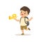 Cute little boy in scout costume blowing horn, outdoor camp activity vector Illustration