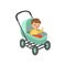 Cute little boy sitting in a turquoise baby pram, safety handle transportation of small kids vector illustration