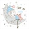 Cute little boy sleeping sweetly on the moon. Vector