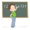 Cute little boy standing in front of the blackboard, writing numbers with chalk, smiling happily - original hand drawn cartoon