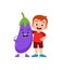 Cute little boy stands with eggplant character
