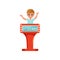 Cute little boy taking part at quiz show, young player answering questions standing at stand vector Illustration on a