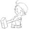 Cute little boy trying to raise a big heavy hammer, helper, outline drawing, isolated object on a white background,
