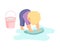 Cute Little Boy Washing Floor with Rag and Bucket, Adorable Kid Doing Housework Chores at Home Vector Illustration