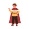 Cute little boy wearing king costume at carnival party vector flat illustration. Funny kid in mantle and crown waving