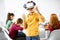 Cute little boy wearing VR virtual reality glasses