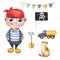 A cute and little boy who looks like a pirate. Set of boy, flag garland, black flag, truck, cat and shovel.