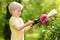 Cute little boy working with secateur in domestic garden. Floriculture, gardening, small business. Growing flowers