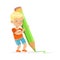 Cute little boy writing with a giant green pencil cartoon vector Illustration